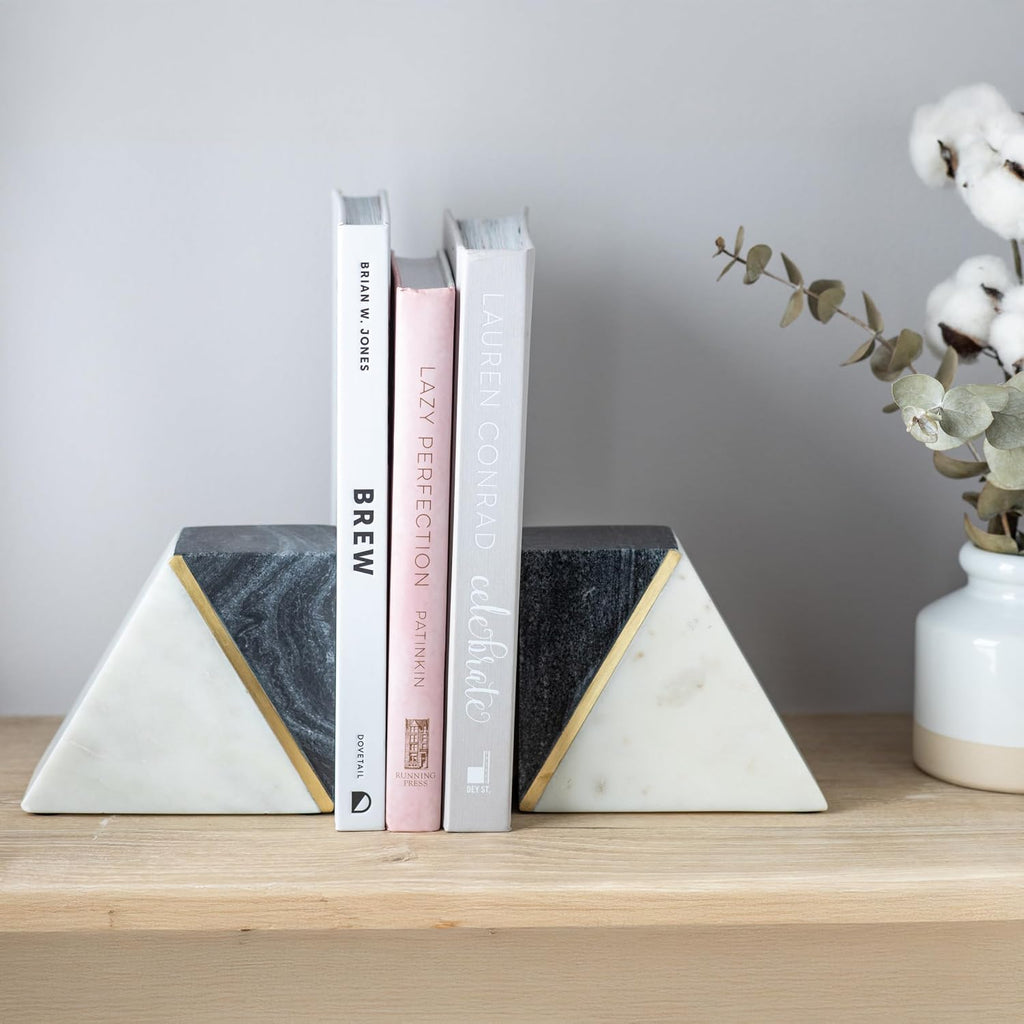 Marble Bookends with Gold Brass, Grey and White, Set of 2 | Heavy Book Ends for Shelves, Solid Stone Bookshelf Decor