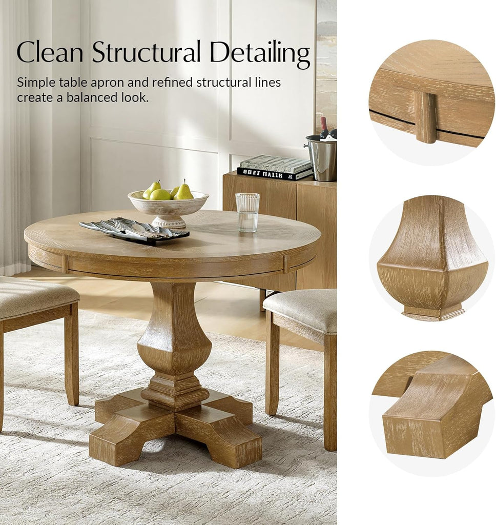 Round Dining Table for 4, 42” Farmhouse Oak Wood Dining Room Kitchen Table Top with Pedestal Base, Rustic Dinner