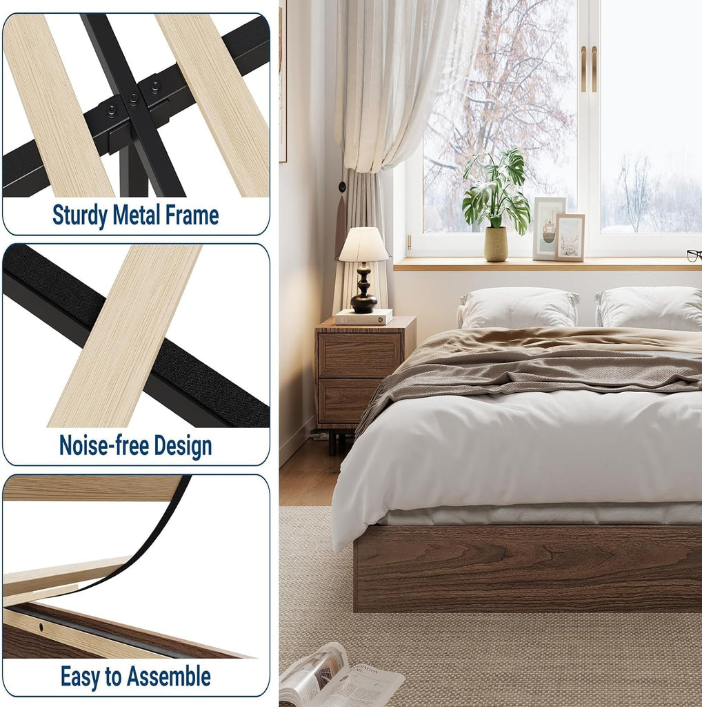 Modern Minimalist Solid Wood Floor Platform Bed Frame with Sturdy Wooden Slats, Noise-Free Support, No Box Spring