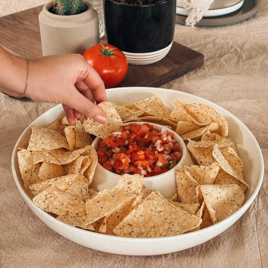 Ceramic Chips and Dip Serving Tray: Large Divided Party Bowl Set for Chips & Salsa, Veggies & Dip, Fruit, Snacks