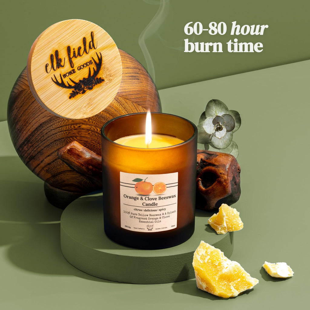 Orange Clove Organic Beeswax Candle, 14 oz | 2 Ingredients | 100% Pure Beeswax Candles, Non Toxic, Natural, Essential