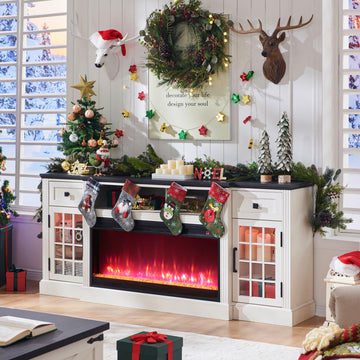 Farmhouse for 80Inch TV with Crystal Fireplace, White