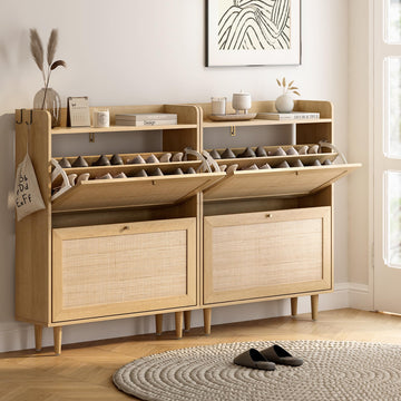 Rattan Shoe Cabinet Set of 2, Farmhouse Shoe Organizer with 2 Flip Drawers, Boho Wooden Hidden Slim Narrow Shoe Rack