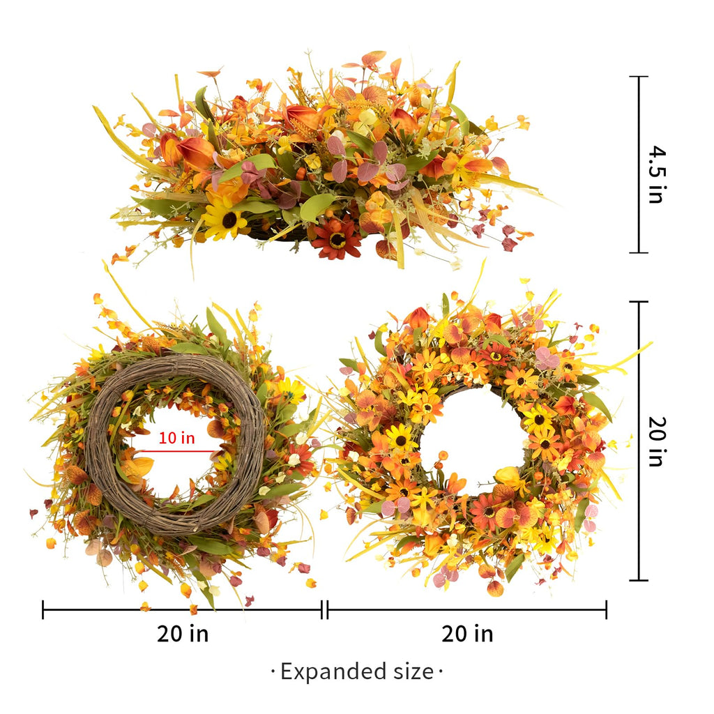 20" Fall Wreaths for Front Door Artificial Fall Wreath Floral Autumn Wreath with Colorful Daisies Orange Foliage for