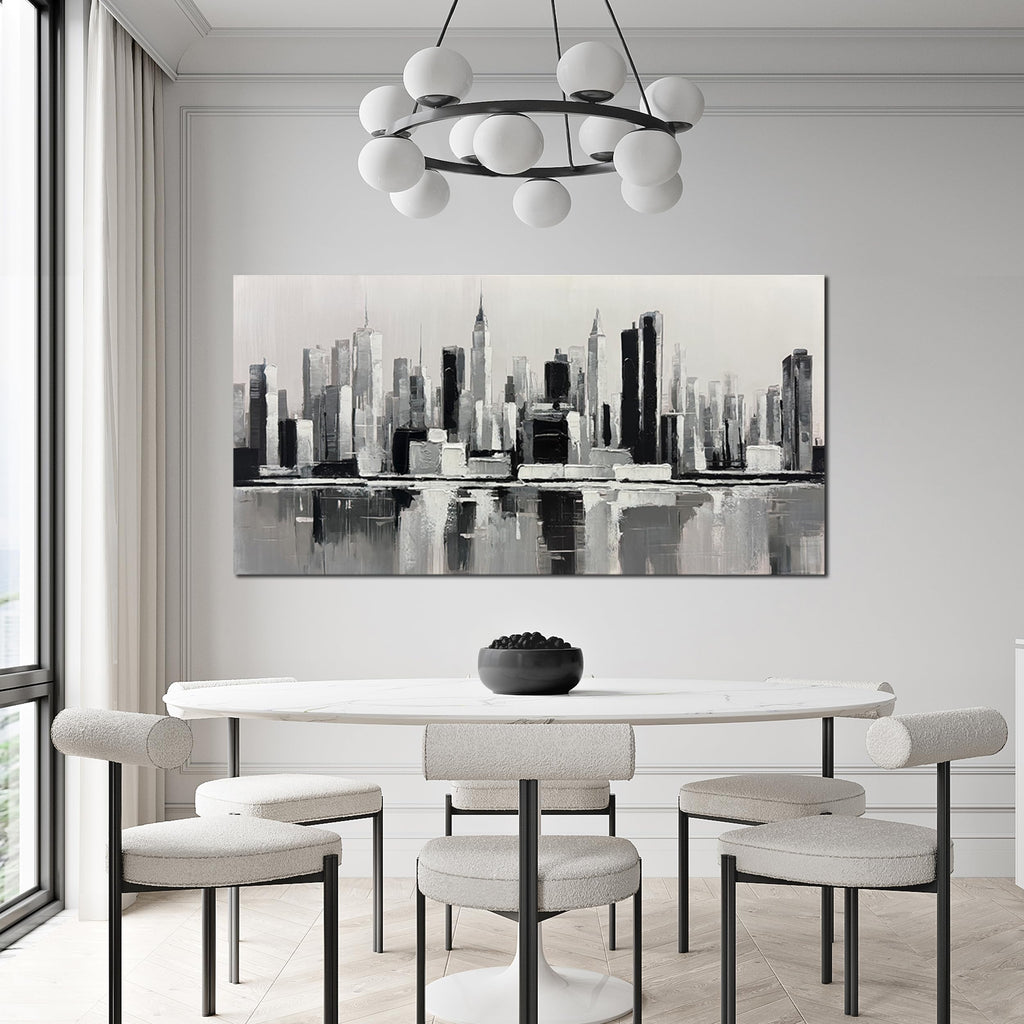 Black and White Wall New York City Textured Painting 24x48 Inch