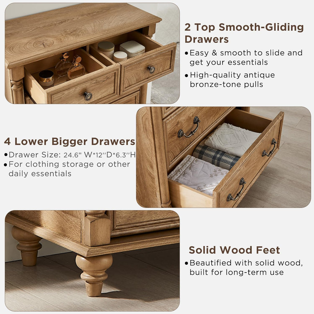 Farmhouse 6-Drawer Dresser with Solid Wood Feet, Light Tree Knot