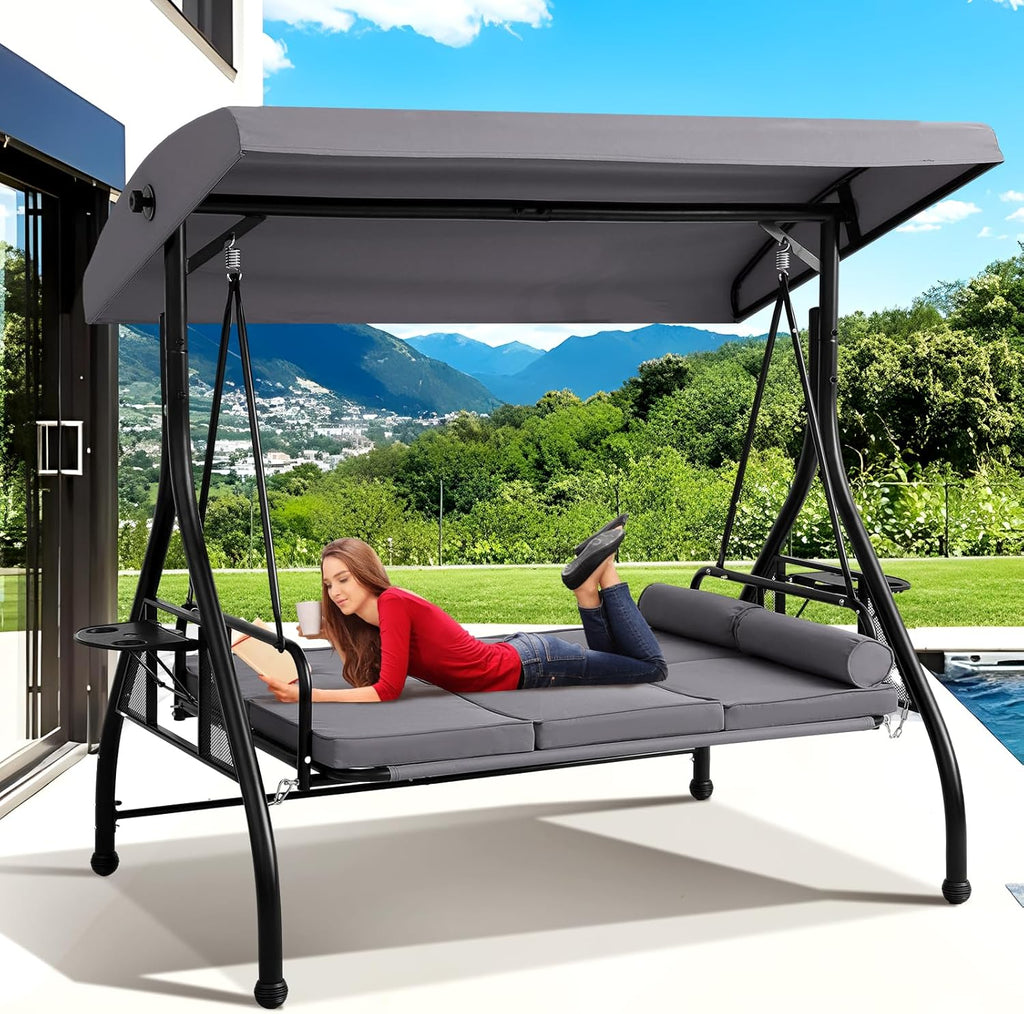 3-Seat Outdoor Porch Swing with Adjustable Canopy, 3 Person Convertible Porch Swing Bed with Stand, Heavy Duty Patio