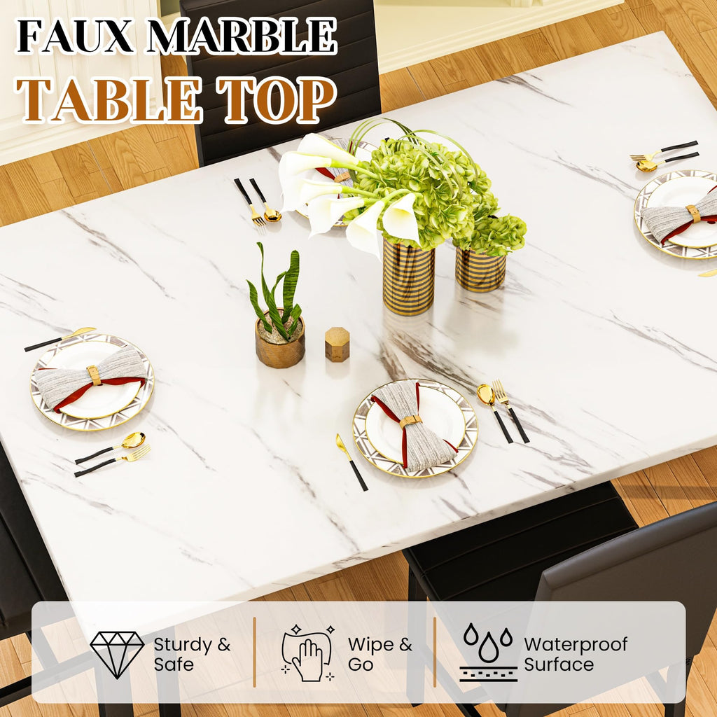 5-Piece Small Dining Table Set for 4, Modern Faux Marble Kitchen Table with 4 Upholstered PU Leather Chairs, Dining