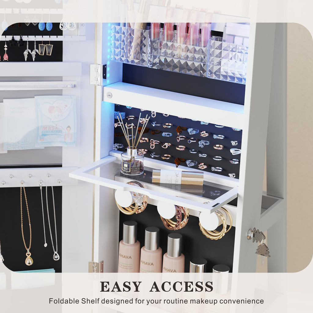 Jewelry Cabinet with Full Length Mirror, Lockable, Swivel, White