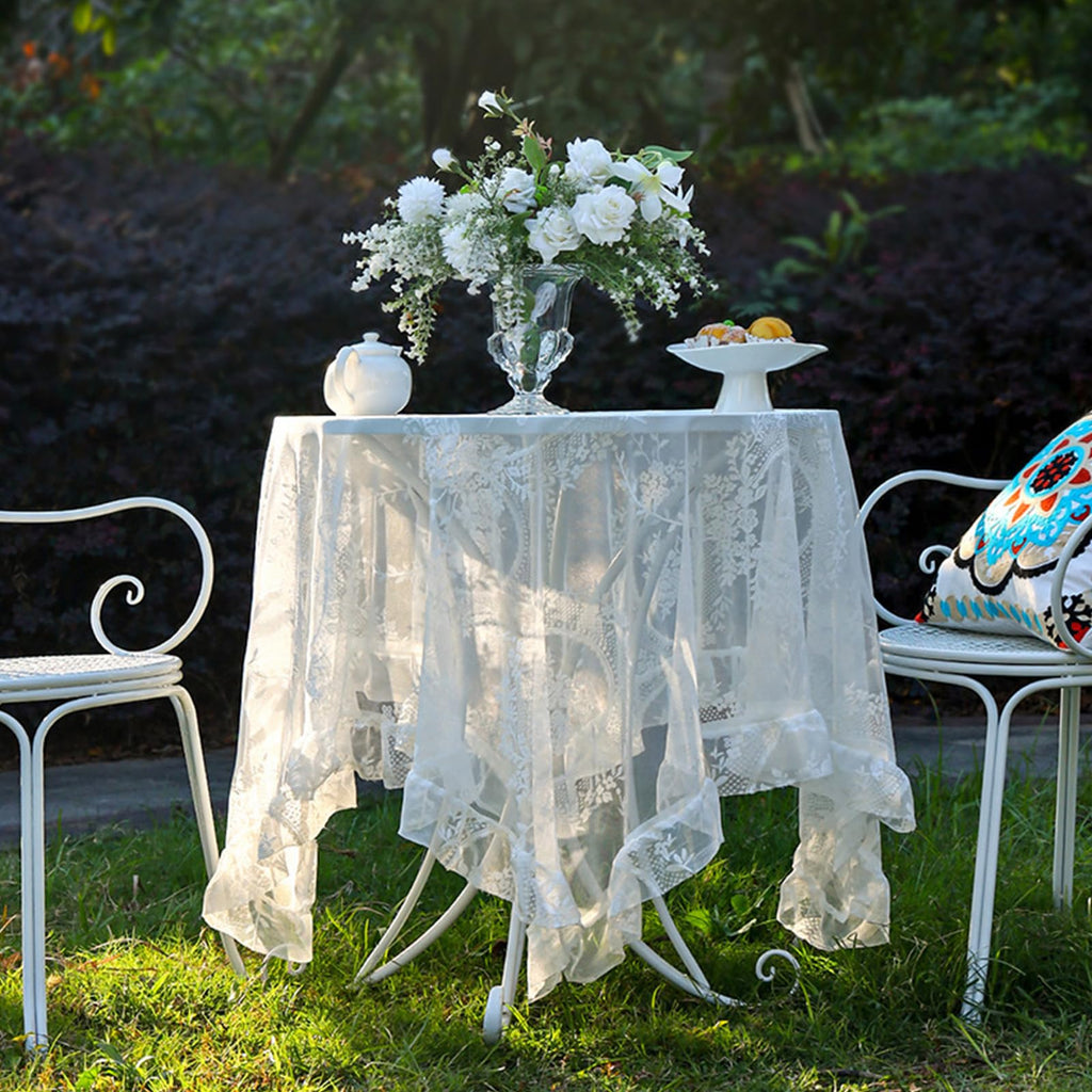 White Lace Round Rustic Tablecloth