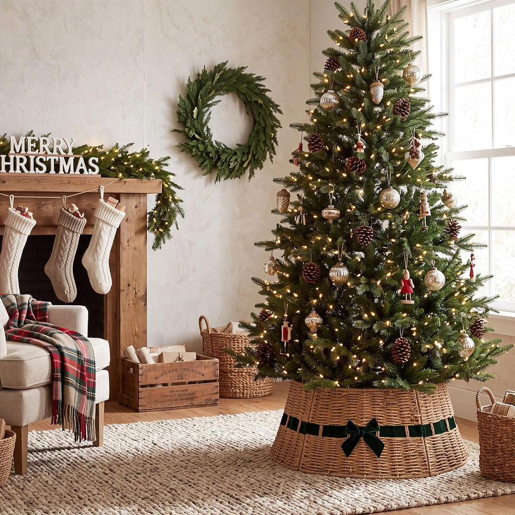 Wicker Christmas Tree Collar with Green Velvet Bow 23.6 Inch