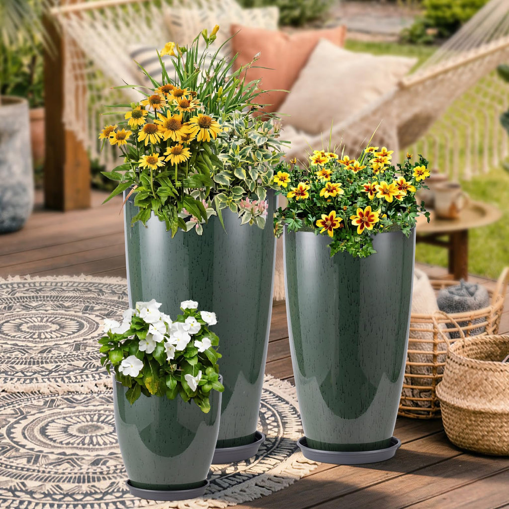 24-21-11 Inch Tall Planters for Outdoor Plants Set of 3 Green