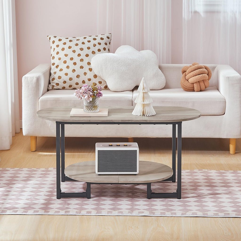 Coffee Table, Oval Small Coffee Table with 2-Tier Open Storage Shelf, Industrial Cocktail Tea Table, Wooden Desktop