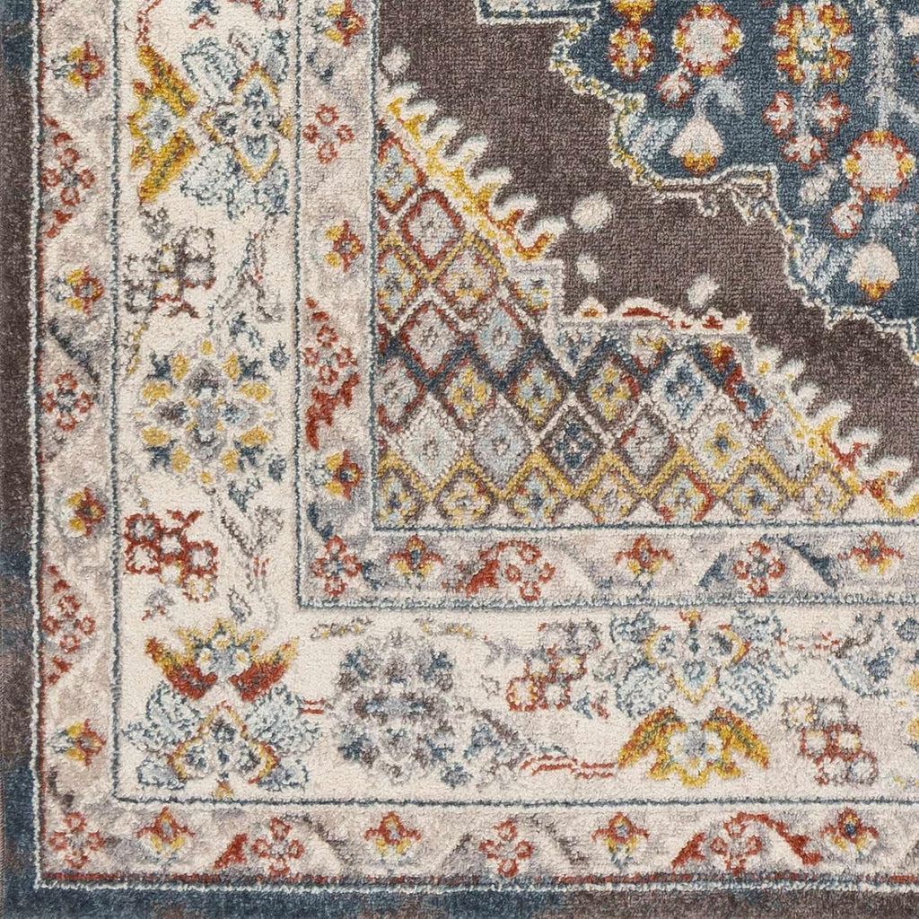 Blue Medallion Traditional Cream Area Rug Taupe Charcoal Gray Navy Haymond Living Room Bedroom Dining Room Home