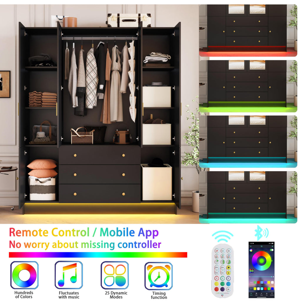 75" Tall Wardrobe Closet with 4 Doors & 3 Drawers, Modern Armoire with Mirror & LED Lights, Wooden Armoire Wardrobe