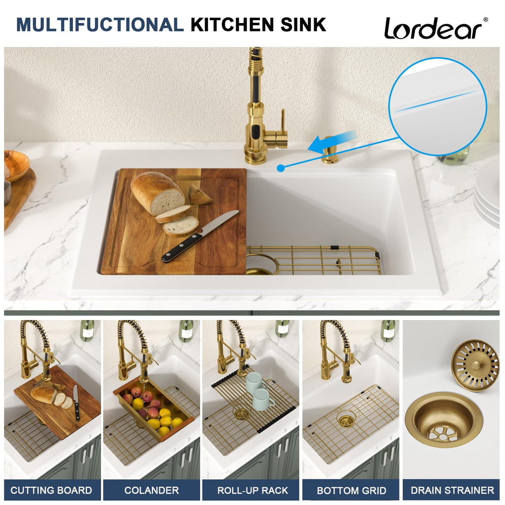 30 Inch Drop In White Granite Single Bowl Sink Workstation