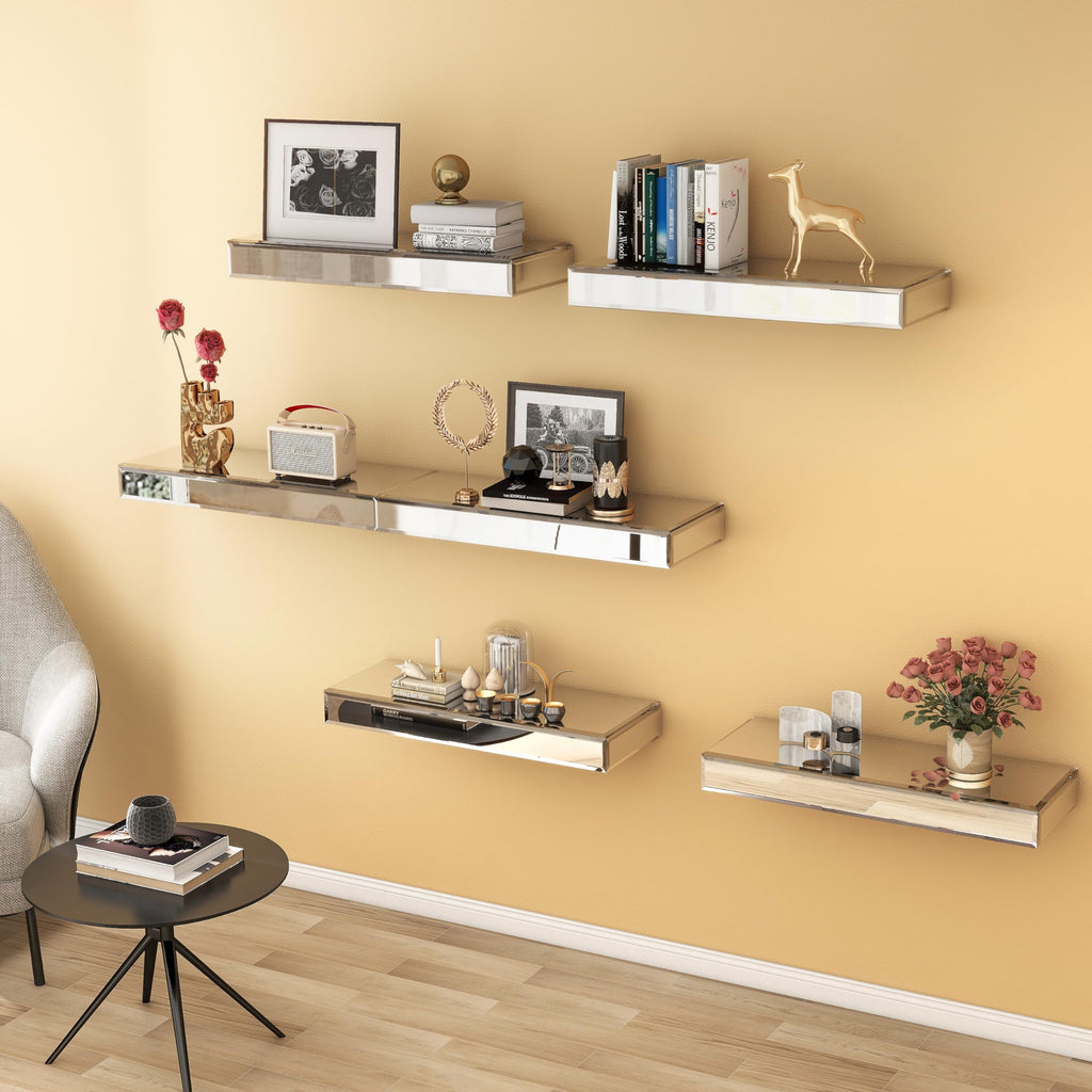 Mirrored Floating Shelves for Wall, Set of 3, Silver