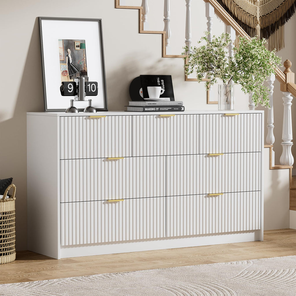 White 7 Drawer, 55.1" Wide Fluted Wood