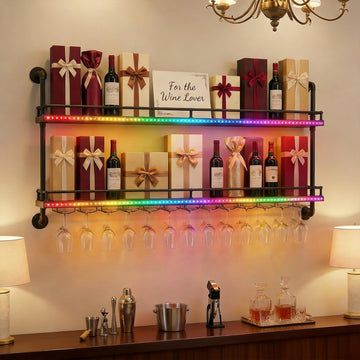 48 Inch Industrial Pipe Wine Rack Wall Mounted with LED Light | 2 Tier Floating Bar Shelves Wine Bottle Display Shelf