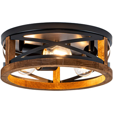 Farmhouse Ceiling Light, 3-Light Flush Mount Ceiling Light with Wood and Black Metal Frame, Round Rustic Light Fixture