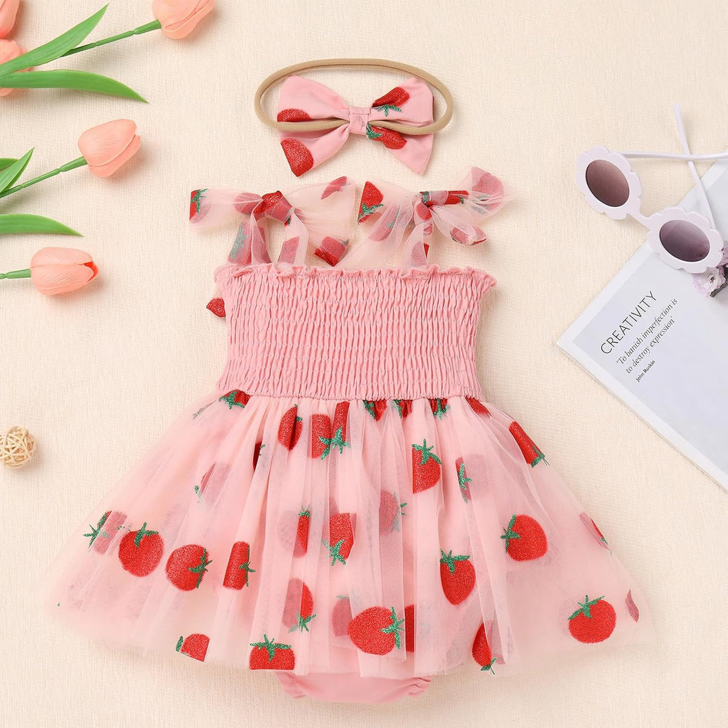 Baby Girls Toddler Kids Bowknot Strap Smocked Tulle Tutu Princess Dress with Headband Set Birthday Party Outfits