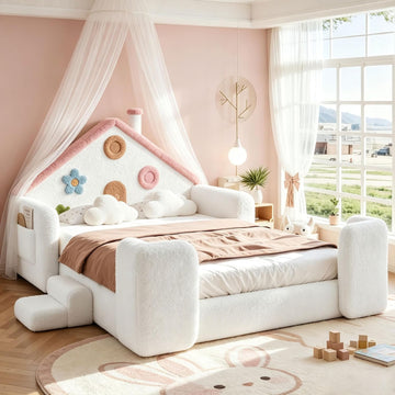 Upholstered Floor Bed Frame with Side Pocket & Stairs, White Pink