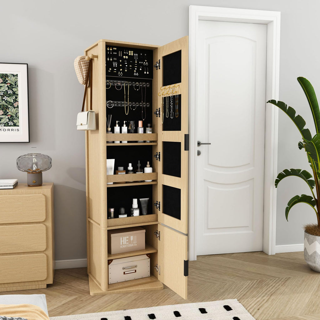 360° Swivel Jewelry Cabinet Makeup Jewelry Armoire with Full Length Mirror, Standing Storage Cabinet with a Coat