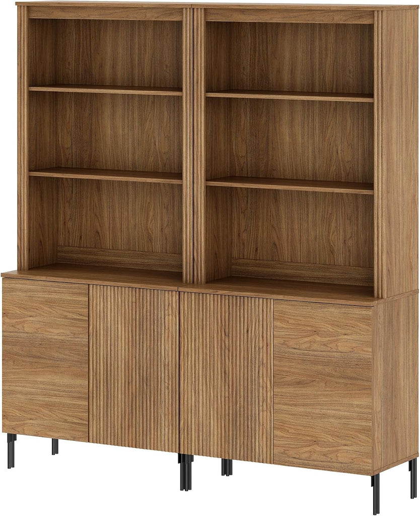 Modern 71.5" Tall Bookcase with 2 Doors, Fluted Bookcase with Storage and Adjustable Shelves, Wooden Storage Cabinet