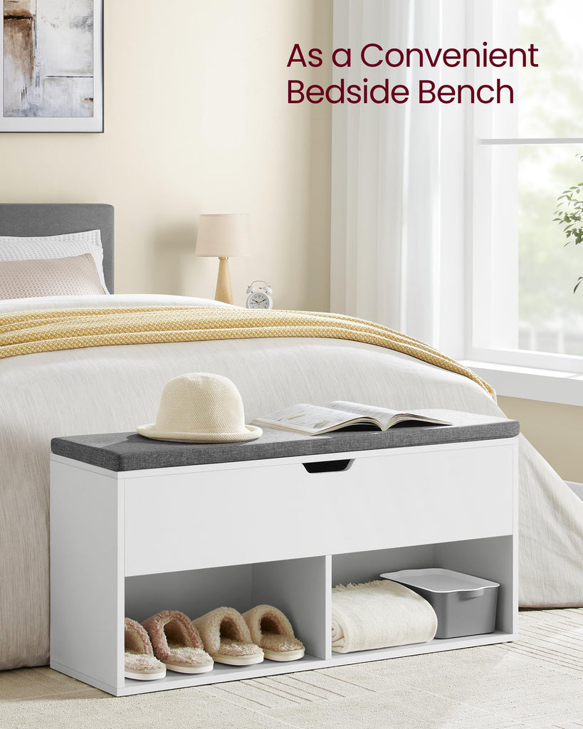 Shoe Storage Bench with Cushion, 2 Open and 1 Hidden Compartments