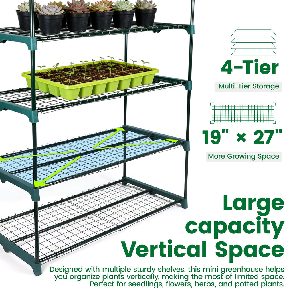 4 Tier Mini Greenhouse - 63'' H x 27'' L x 19'' W - Sturdy Portable Gardening Shelves with PVC Cover - Small Green