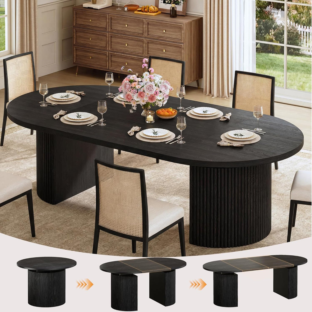 Extendable Round Dining Table for 4-8, 39in-77in Long Large Kitchen Table with Fluted Base, Space Saving Modern
