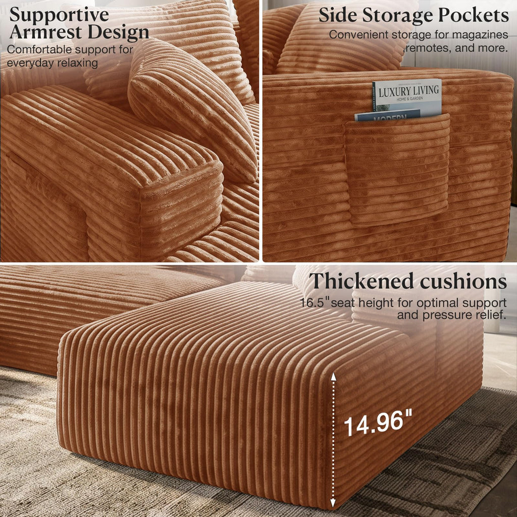 Boneless Couch 95" U-Shaped Sectional Couches with Ottoman, Brown