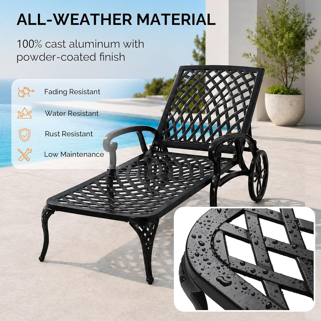 Cast Aluminum Outdoor Chaise Lounge Chair with Wheels, Patio Chaise Lounges with 3-Position Adjustable Backrest, Pool