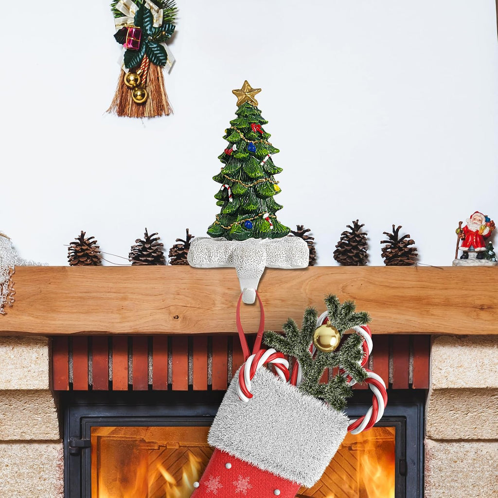 Christmas Tree Stocking Holder for Mantel Set of 4 Resin Stocking Hanger with Sturdy Base Exquisite Details Perfect