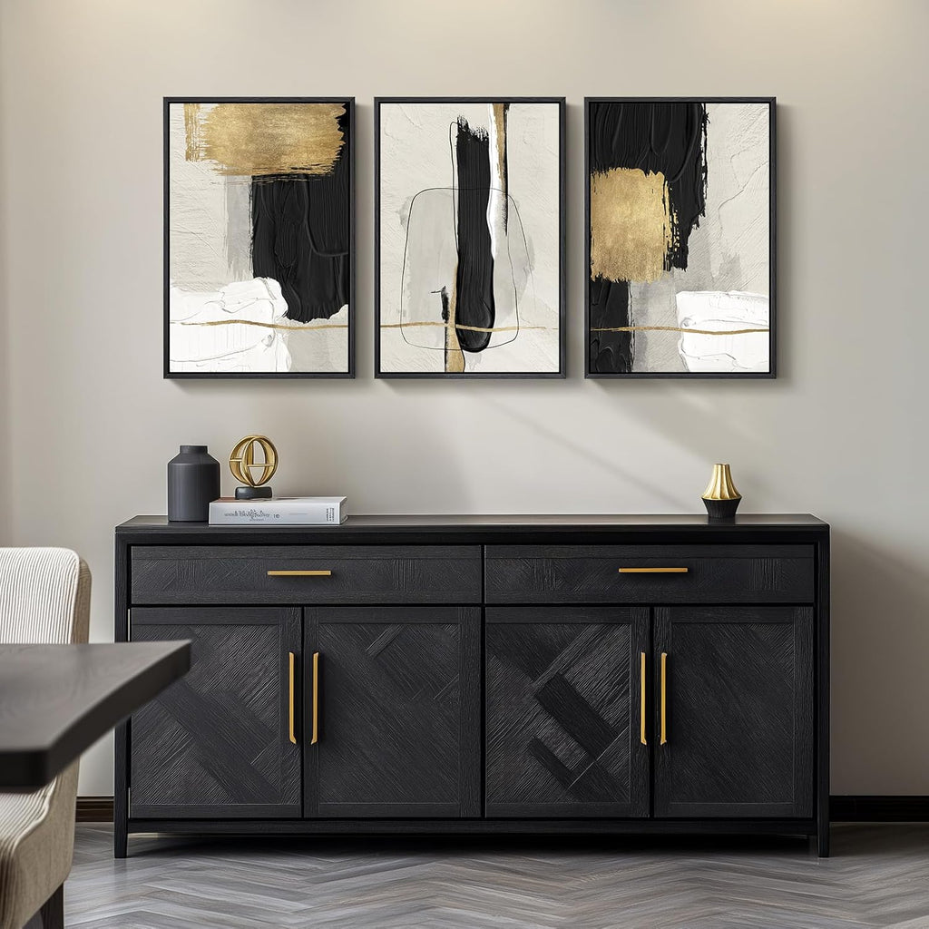 Framed Black and White Abstract Wall Art, 3 Piece Canvas Prints Paintings Artwork for Walls, Modern Minimalist Gold