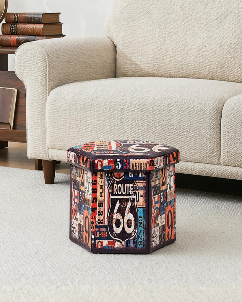 Foldable Storage Ottoman, 15" Hexagonal Small Ottoman Footrest