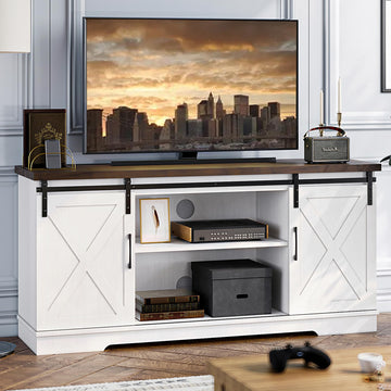 Farmhouse TV Stand, Entertainment Center for 65 Inch TV Media Console Table, White Barn Door TV Stand with Storage