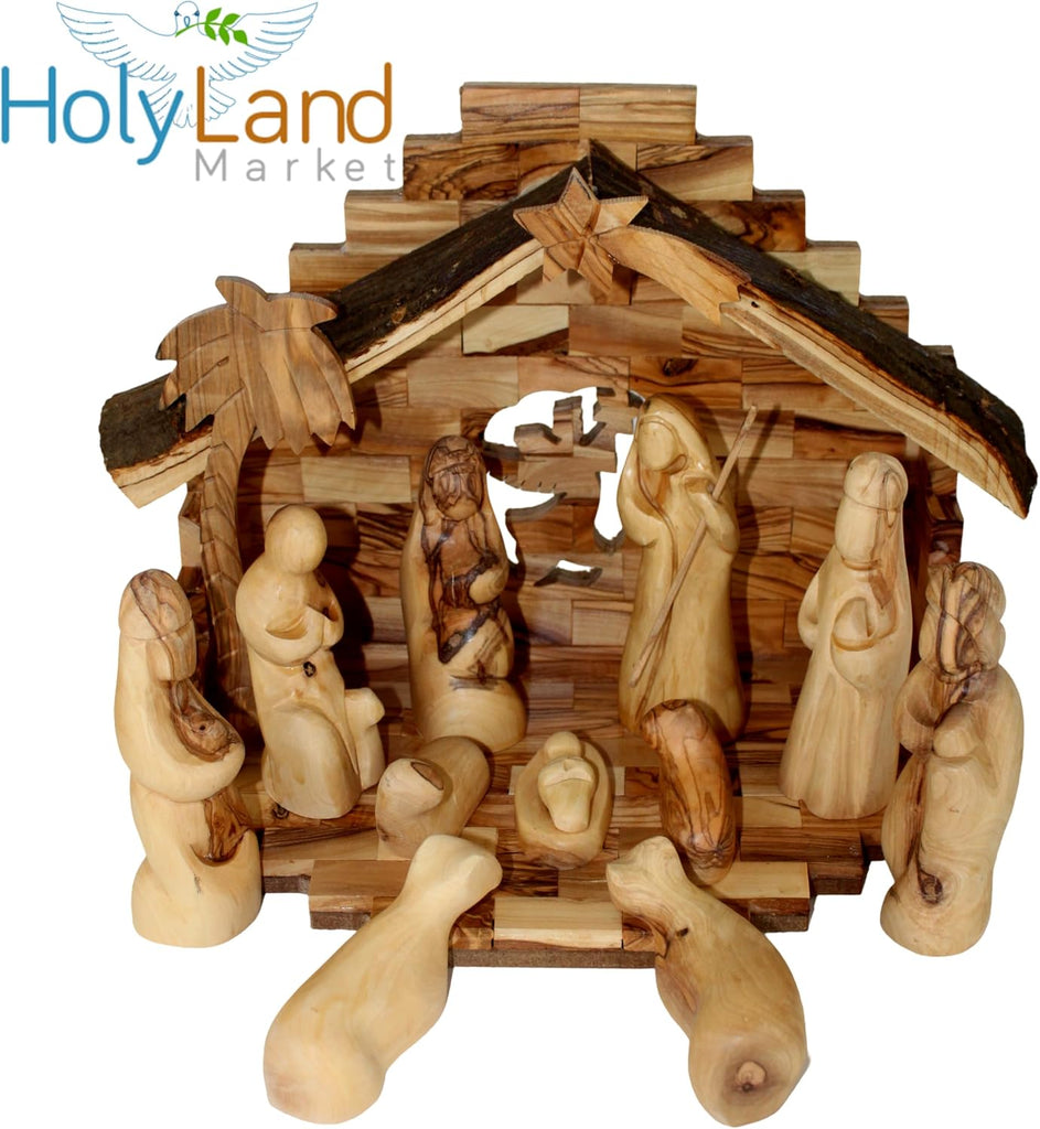 Land Market Traditional Olive Wood Nativity Set - Antique Style Bethlehem Stable, 12 Handmade Pieces - Christmas