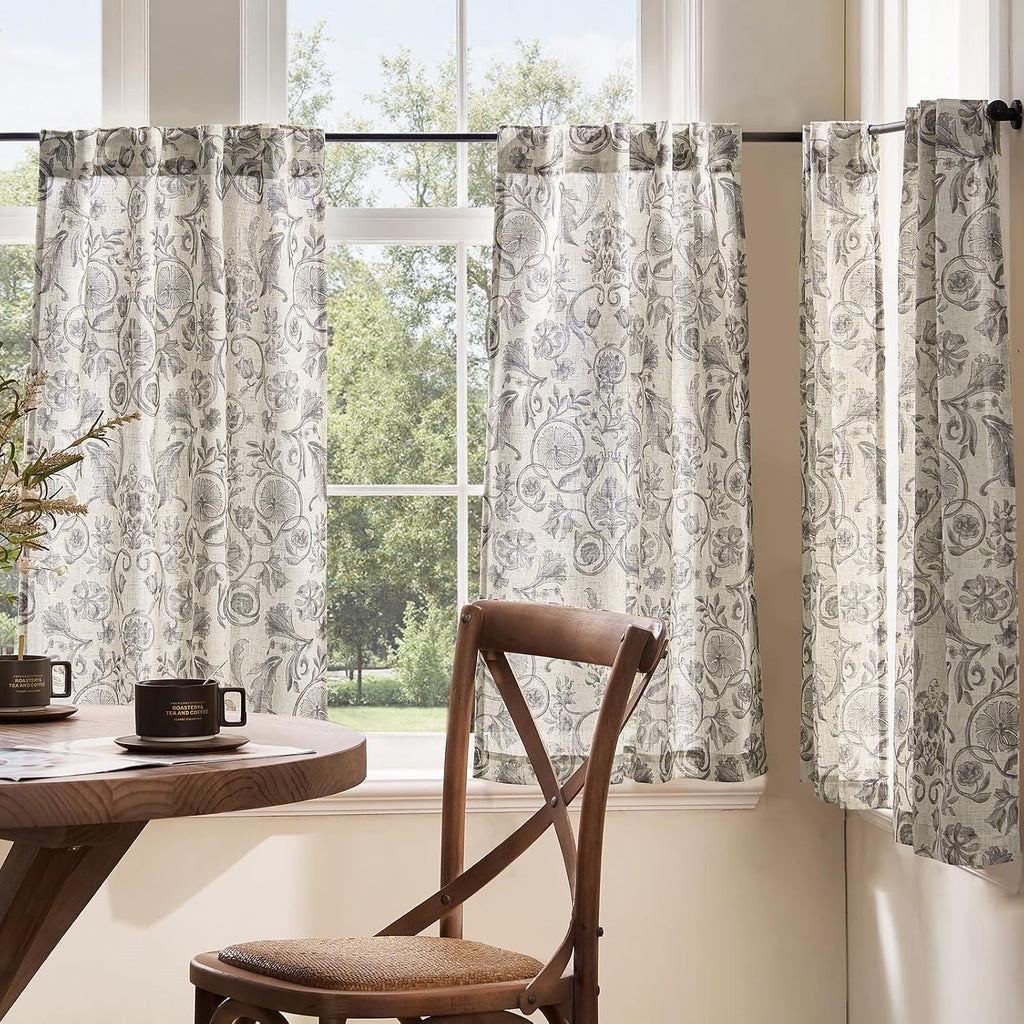 Floral Linen Kitchen Tier Curtains Butterfly 36 Inch 2 Panels Blue