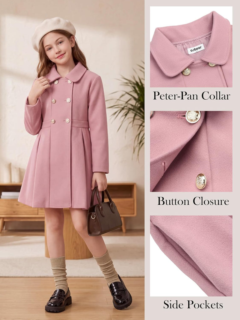 Girls Dress Coat Double Breasted Wool Peacoat Fall Winter Outerwear