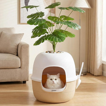Hidden Cat Litter Box Enclosure with Faux Plant and Odor Control