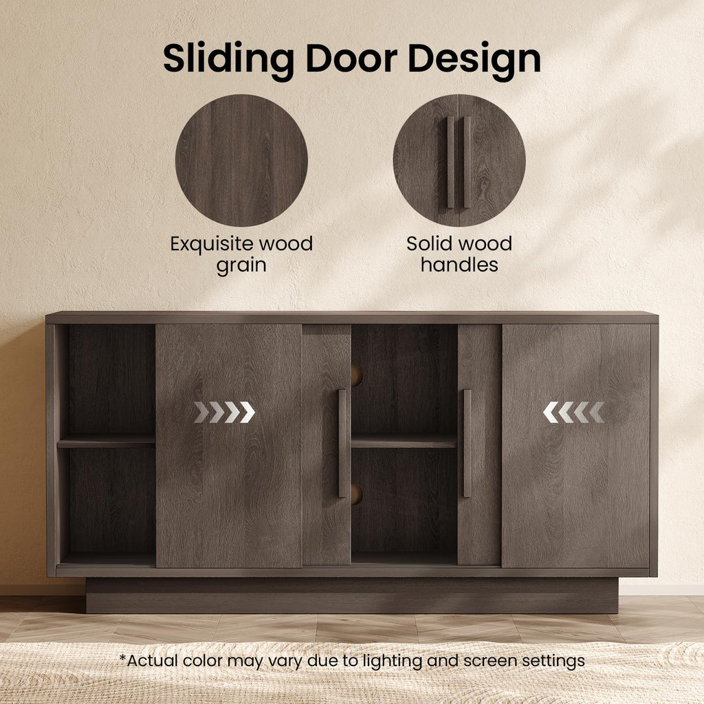63'' Sideboard Buffet Cabinet with 4 Sliding Doors, Wood Credenza Storage Cabinet with Pedestal Base, Large Side