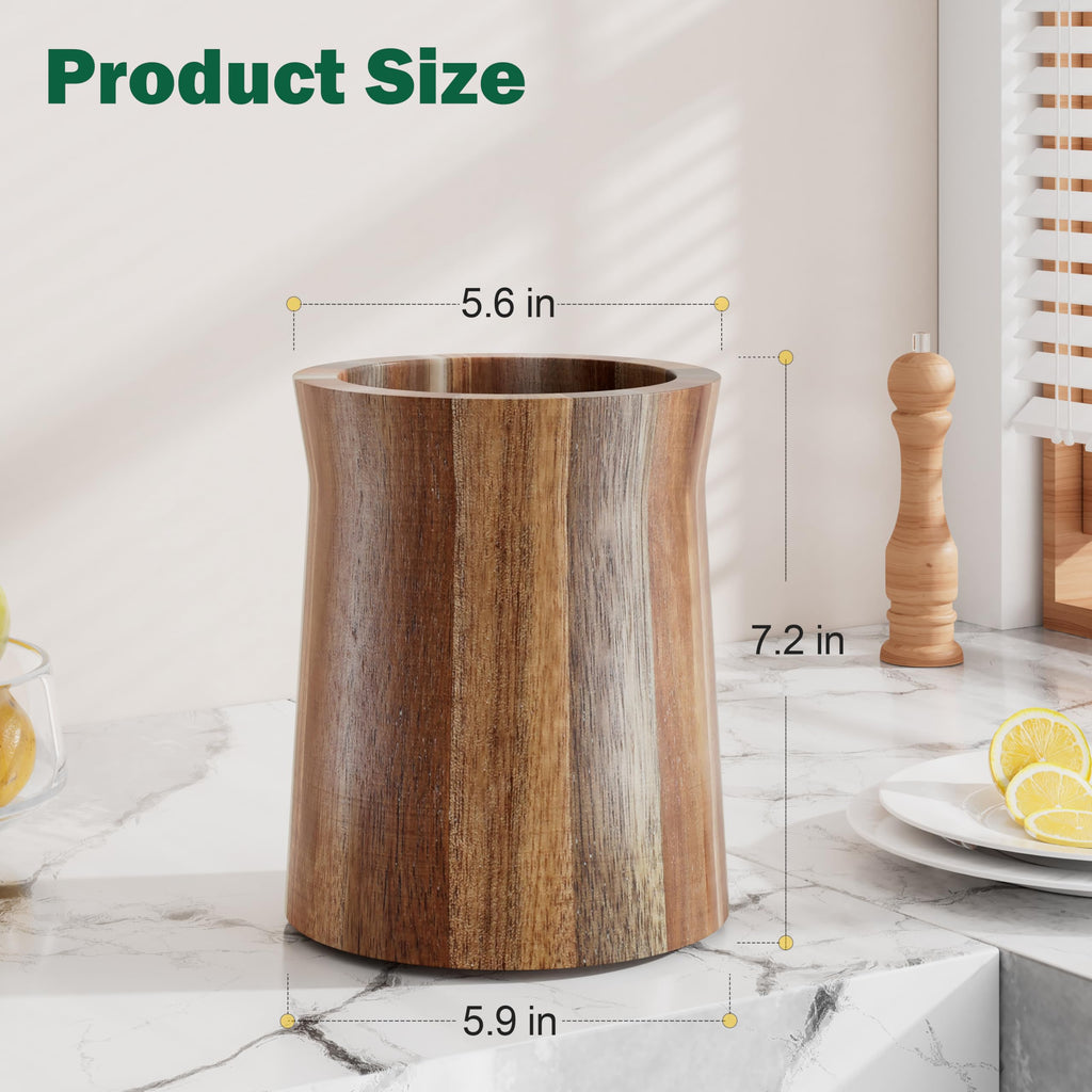 Utensil Holder, Acacia Wood Utensil Holder Counter, 360° Rotating Cooking Utensil Crocks for Countertop, 7.2" Large