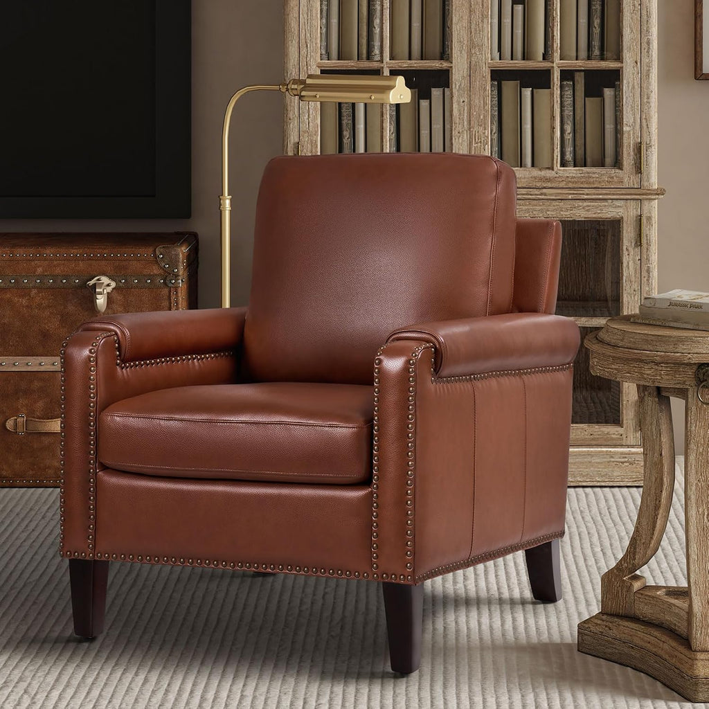 Genuine Leather Accent Chair with Solid Wood Legs, Brown