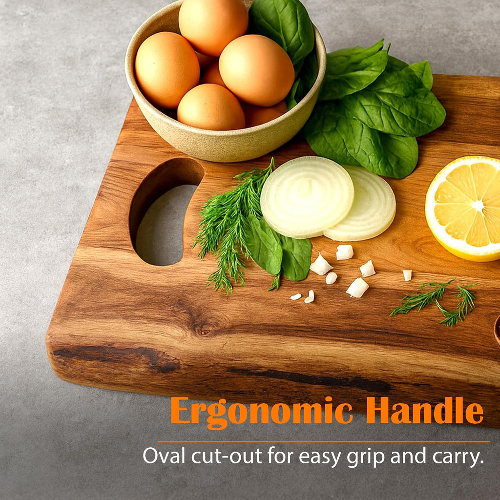Acacia Wood Cutting Board with Oval Handle 14 x 11 Inch | Live Edge Cheese Board, Charcuterie Tray, Chopping and