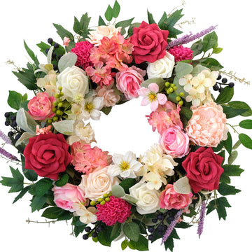 22 Inch Spring/Summer Floral Wreaths for Front Door, Artificial Decoration Wreath with Rose Dahlia Hydrangea Valentine