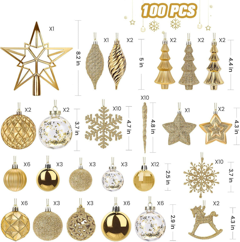 100pcs Gold Christmas Tree Decorations, Shatterproof Plastic Ornaments Set for Xmas Tree Decor, Wedding, Party