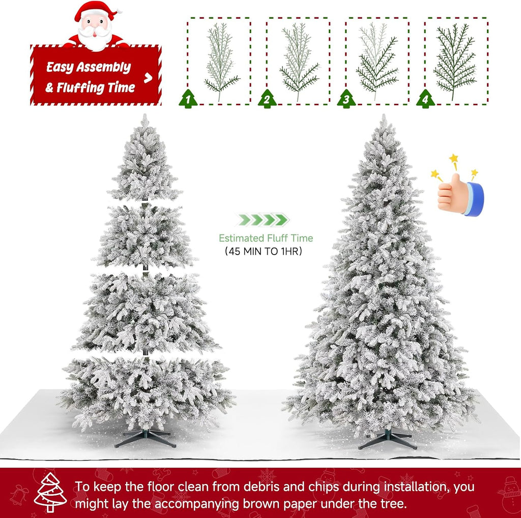 9ft 360° Rotating Pre-Lit Snow Flocked Christmas Tree, Built-in Music, Remote Control, 8 Light-Modes, White Christmas