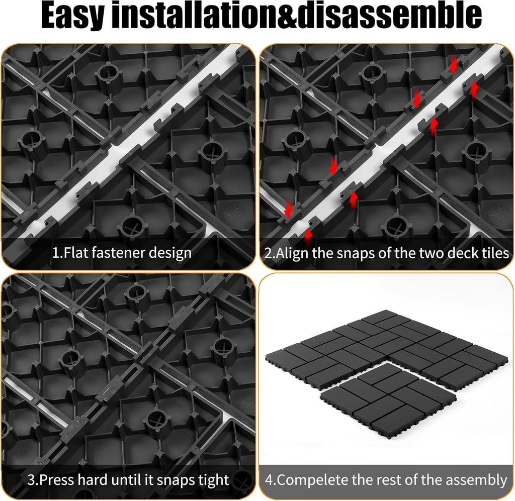 12"x12"Interlocking Plastic Deck Tiles, Pack of 44, Heavy Duty PP Patio Floor Tiles, Weather Resistant Modular Flooring