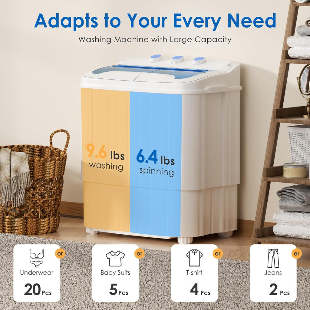 Portable Washing Machine, 16lbs Twin Tub Portable Washer with 9.6Lbs Washer and 6.4Lbs Spinner dryer, Semi-automatic